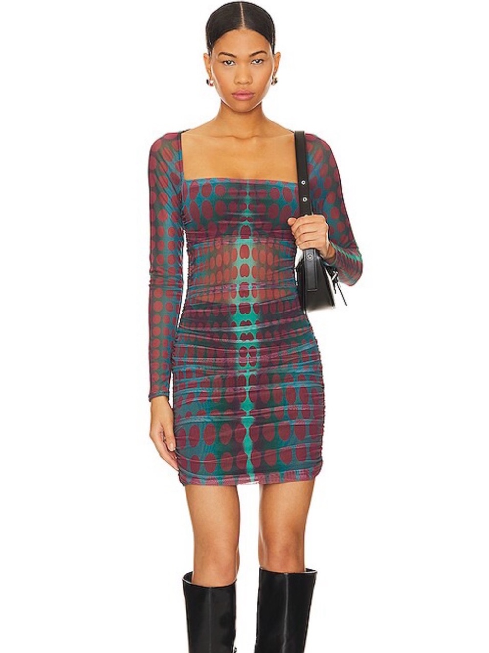 AFRM Aneira Mini Dress Mesh Ruched Bodycon Dress | Abstract Print Long Sleeve